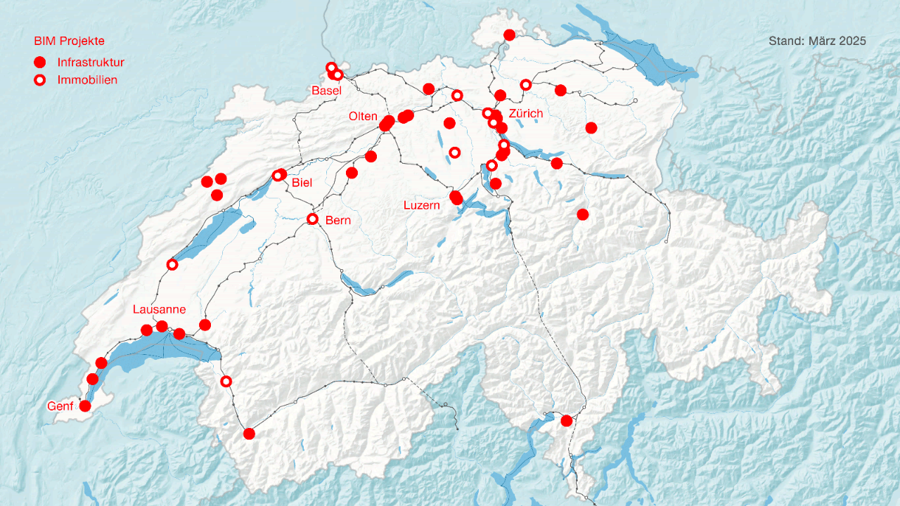 Die Infografik zeigt eine Landkarte der Schweiz, auf welcher insgesamt rund 50 Standorte eingezeichnet sind, an welchen bereits Projekte der SBB mit BIM durchgeführt werden. Rund 36 davon sind Infrastrukturprojekte und die restlichen Projekte sind Immobilienprojekte. Die meisten Projekte werden aktuell im Raum Zürich sowie entlang der Strecken Zürich-Bern und Genf-Lausanne durchgeführt. Die Karte datiert vom März 2025.
