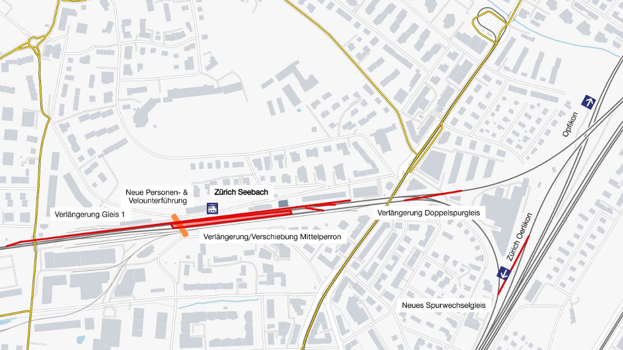 Die Grafik zeigt eine Übersicht der einzelnen Ausbauschritte beim Bahnhof Zürich Seebach und Oerlikon Nord.