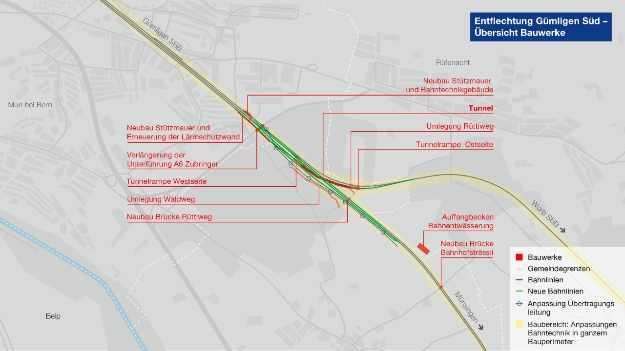 Eine Grafik auf Basis der Landkarte zeigt die verschiedenen Bauwerke, die im Projekt Entflechtung Gümligen Süd umgesetzt werden sollen.