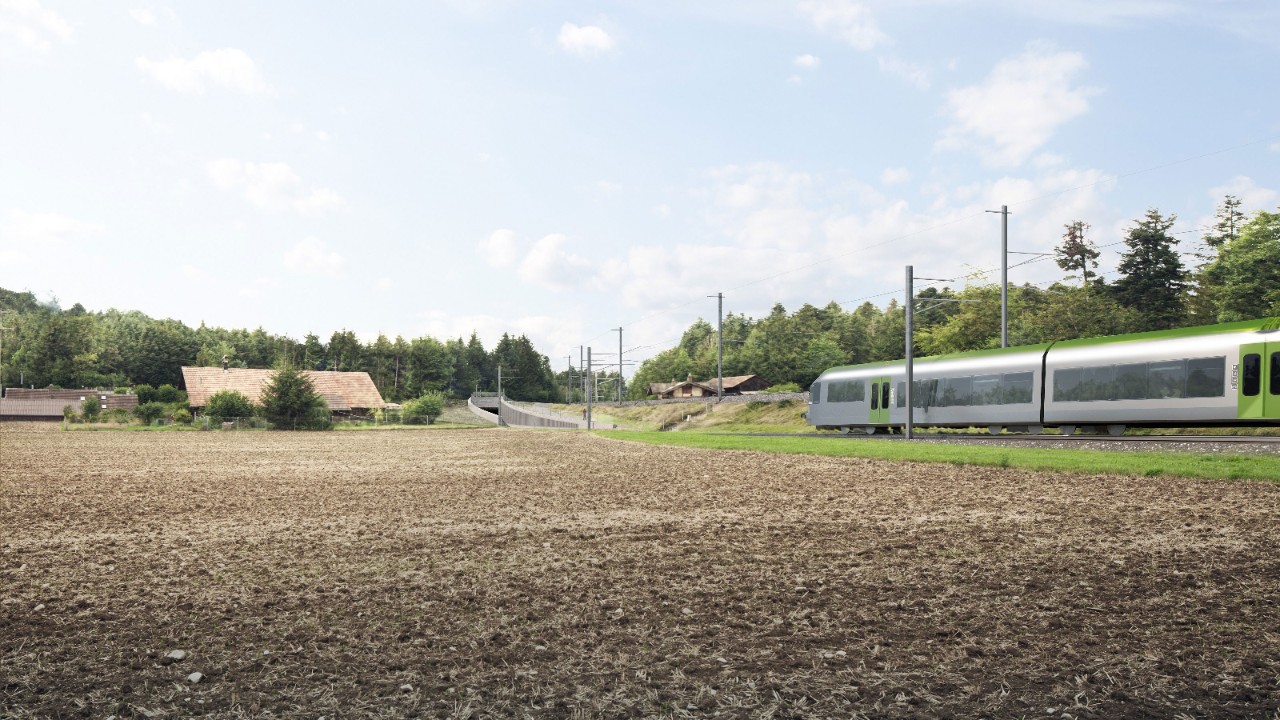 Blick auf das Tunnelportal südöstlich des Hüenliwaldes – Visualisierung.