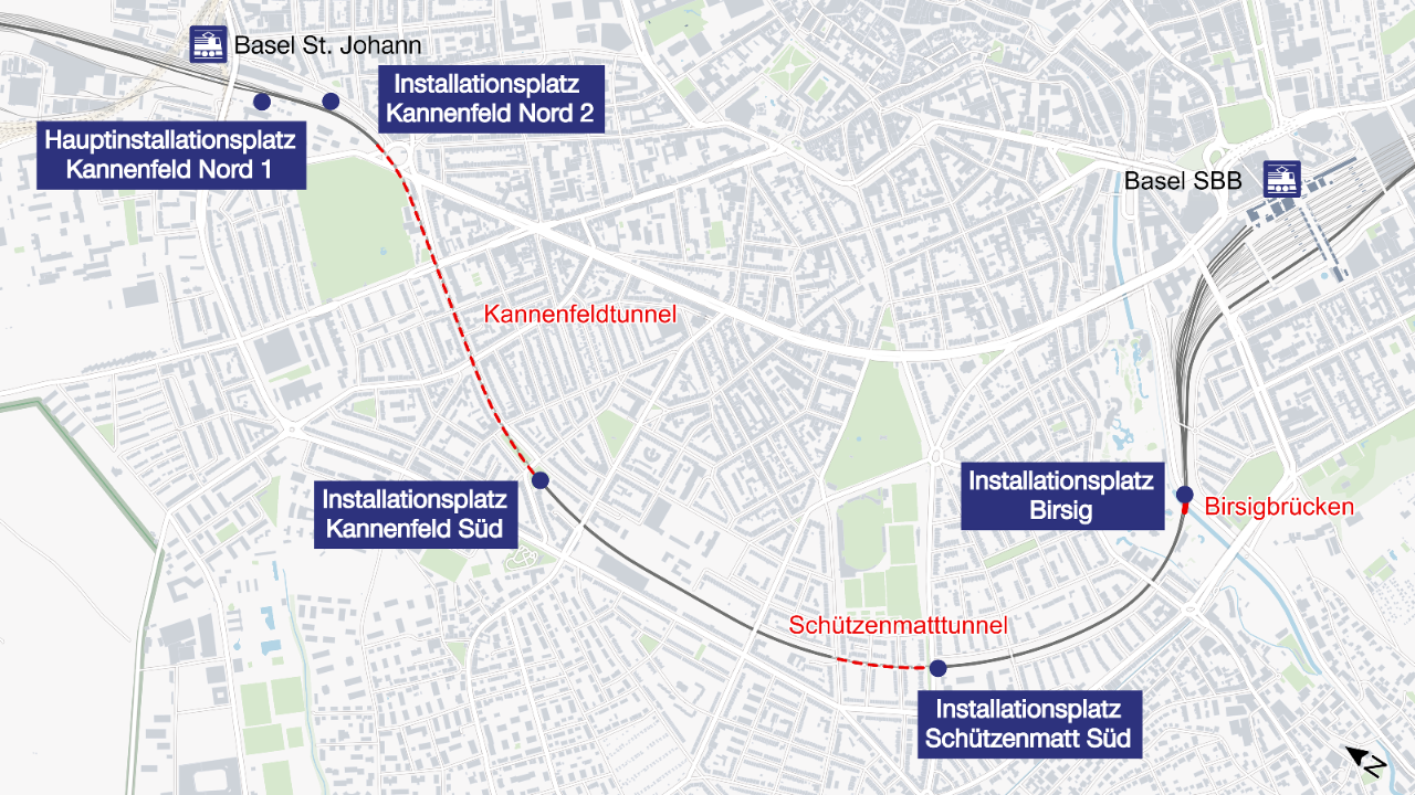 Die Karte veranschaulicht die Position der Installationsplätze entlang der Bahnstrecke von Basel St. Johann bis Basel SBB. Diese Plätze sind für die Baulogistik des Projekts 4-Meter-Korridor Basel von Bedeutung.  