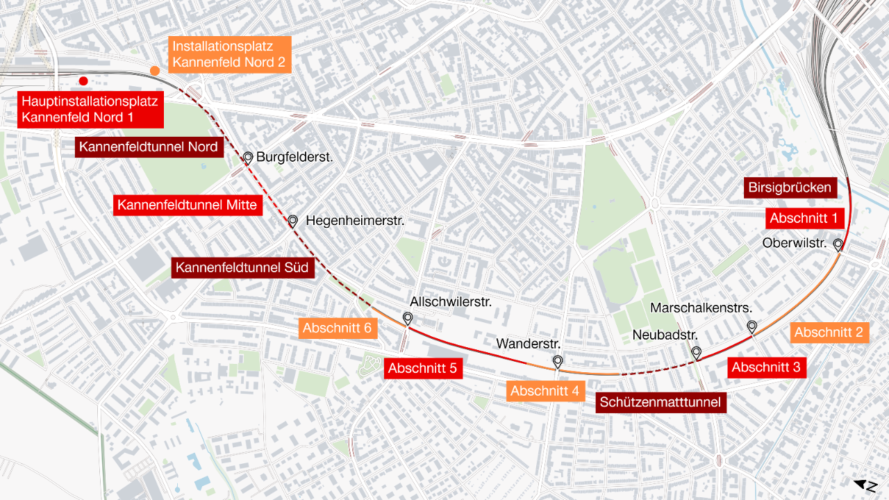 Auf einer Karte sind mit roter und oranger Farbe verschiedene Abschnitte eingezeichnet. Diese verlaufen entlang der Bahnlinie zwischen den Birsigbrücken und dem Bahnhof Basel St. Johann. 