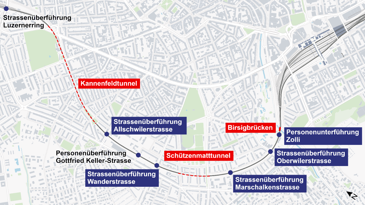 Die Grafik stellt eine Karte dar, auf der verschiedene Strassenüberführungen und -unterführungen sowie Tunnel und Brücken in einem städtischen Gebiet markiert sind. Die Unter- und Überführungen sind durch blaue Markierungen dargestellt, während die beiden Tunnel «Kannenfeldtunnel» und «Schützenmatttunnel» sowie die «Birsigbrücken» in Rot hervorgehoben sind. Die Namen der Straßen und Strukturen sind deutlich beschriftet.