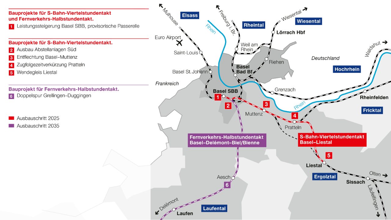 Die Grafik zeigt, welche Bauprojekte in der Region Basel den S-Bahn-Viertelstundentakt und den Fernverkehrs-Halbstundentakt möglich machen.