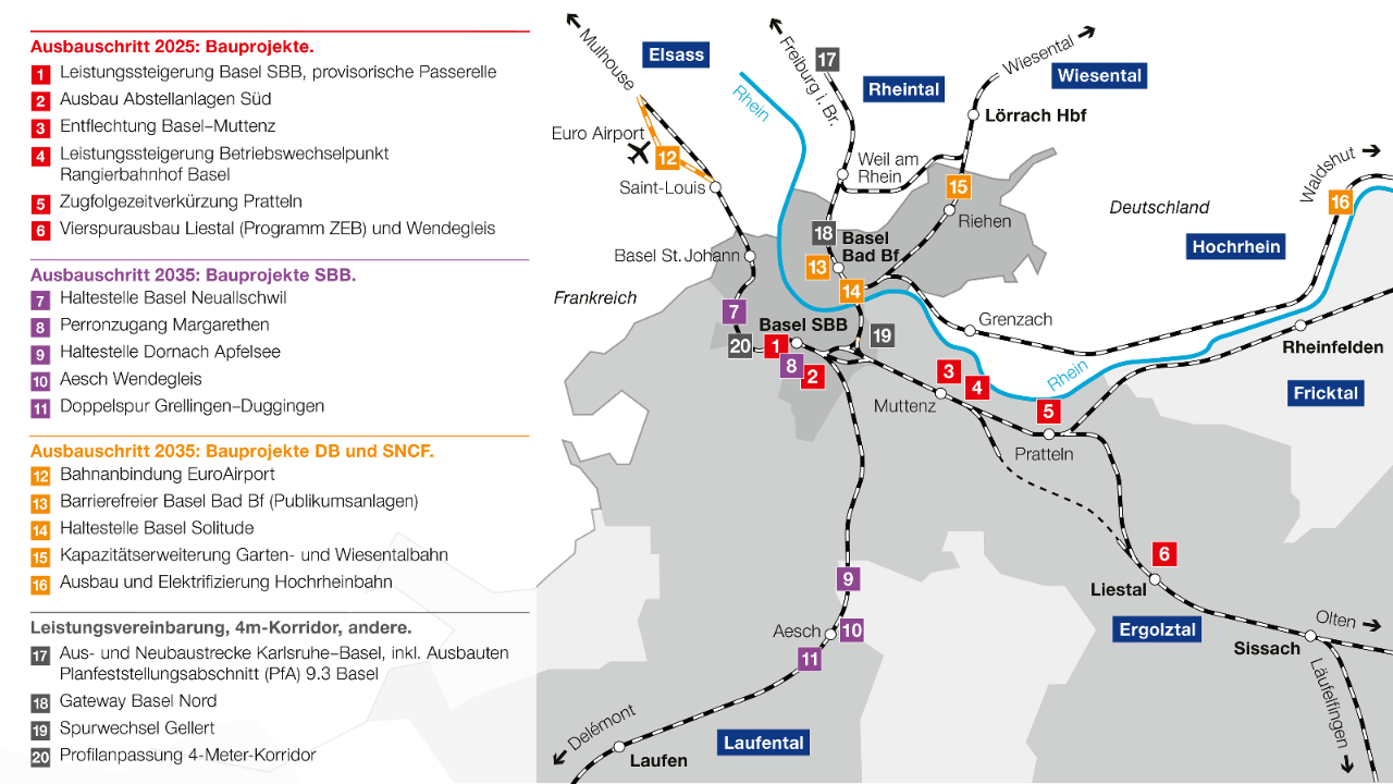 Die Grafik zeigt auf einer Karte, welche Bauprojekte in und um Basel nötig sind, um die geplanten Angebotsausbauten umsetzen zu können.