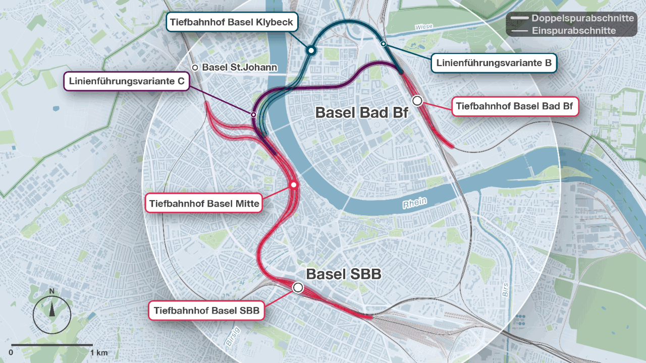 Die Grafik zeigt die mit der Vorstudie VKKB konkretisierte Linienführung des Herzstücks. Für die Linienführung des Ostasttunnels zwischen der Haltestelle «Basel Mitte» und Basel Badischer Bahnhof bestehen aktuell noch zwei Varianten. Offen ist zudem die Realisierung einer zusätzlichen Haltestelle «Basel Klybeck».