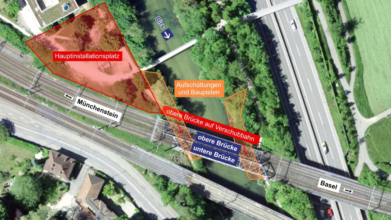Das Satellitenfoto zeigt die Lage der beiden alten Brücken sowie die Position von Hauptinstallationsplatz und der temporären Aufschüttungen, über welche die Baupisten verlaufen.