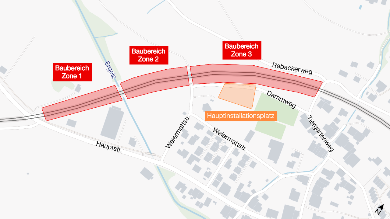 Die Karte zeigt rot eingezeichnet die drei Zonen des Dammsanierungsprojekts. Der Hauptinstallationsplatz am Dammweg ist in orange eingezeichnet. 