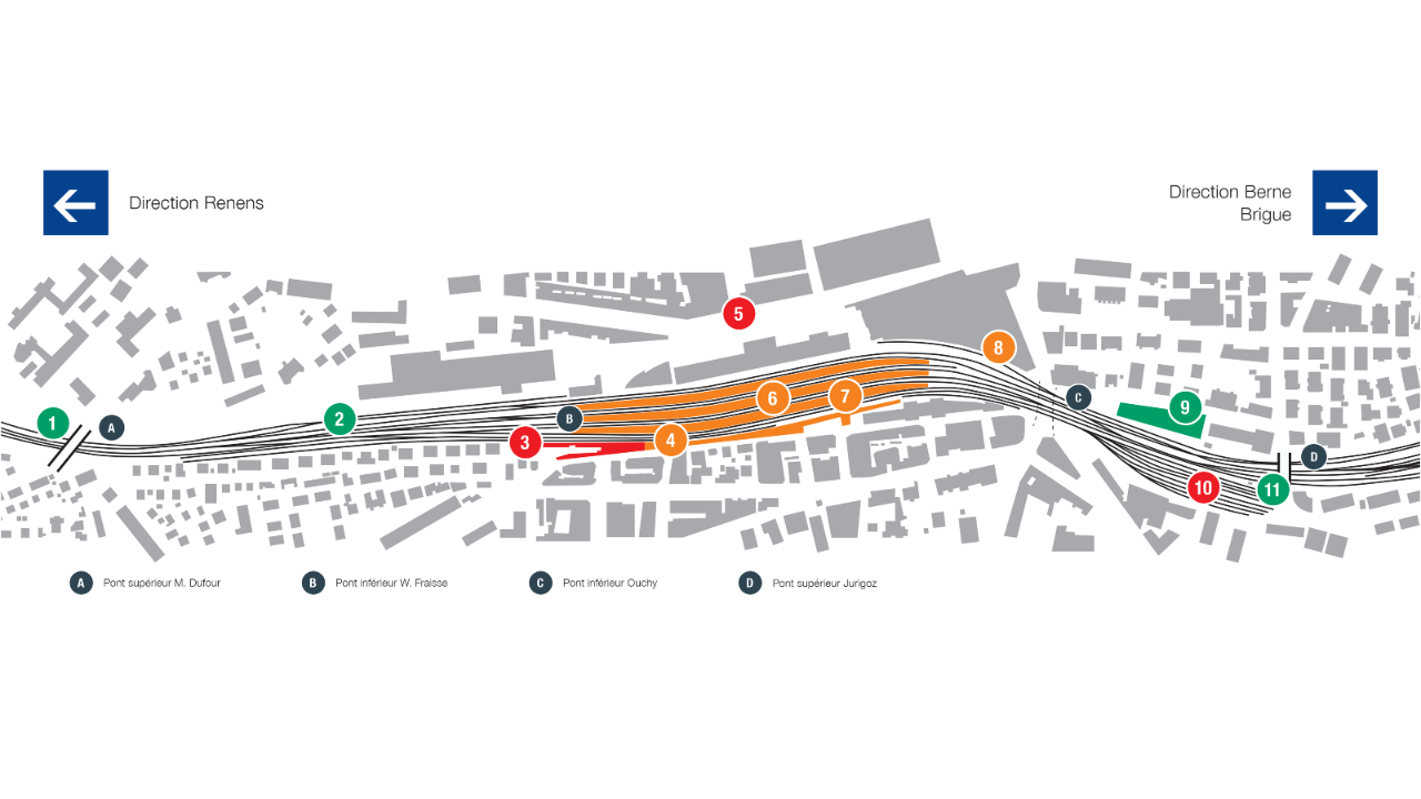 En vert les travaux terminés, en orange la durée des prochains travaux, en rouge les prochaines mises en service.