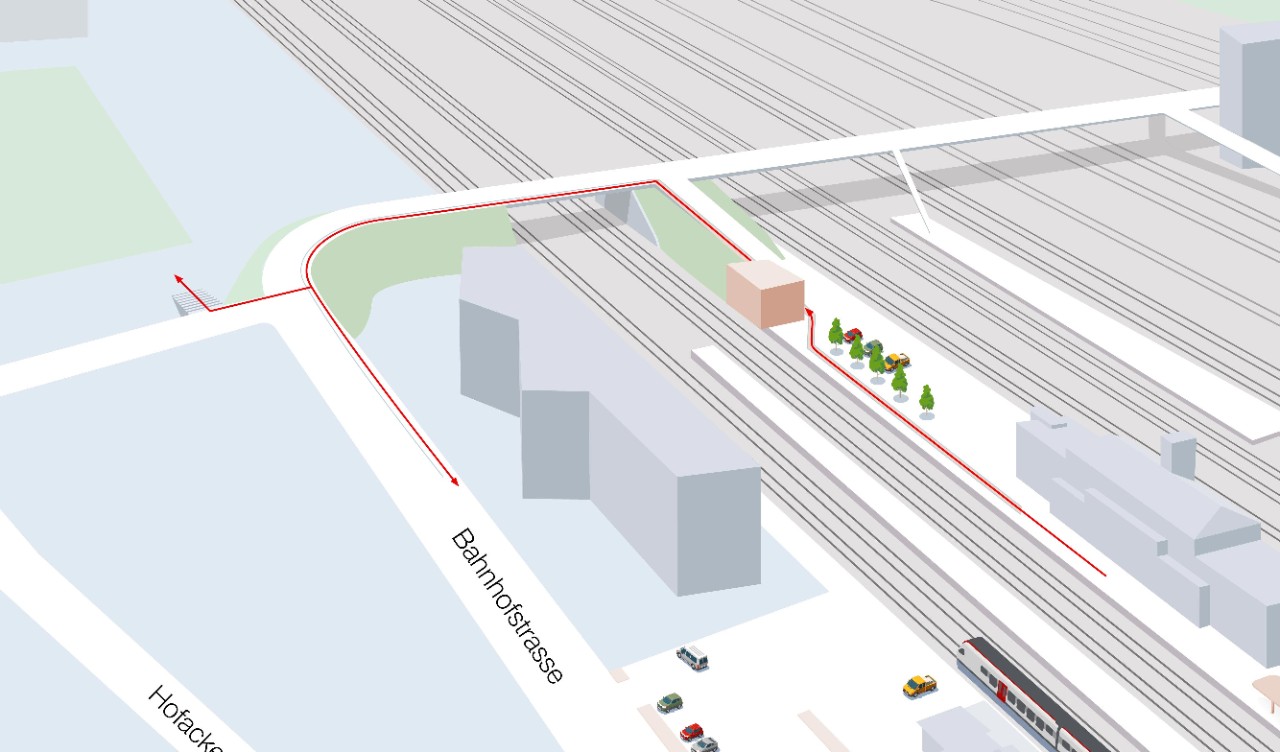 Die Grafik zeigt den neuen Fussweg vom Perron Gleis 4 zur Grenzacherbrücke, welcher die Personenunterführung entlastet. Wer in Richtung Fachhochschule gehen will, kann ab Perron Gleis 4 den neuen Fussweg via Grenzacherbrücke benutzen, anstatt die Unterführung.
