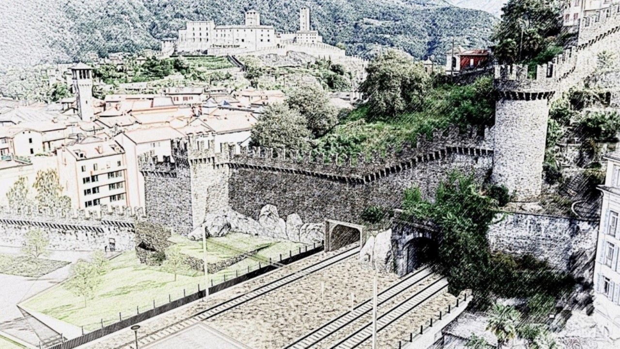 Rendering del portale sud della futura galleria di Svitto II e della zona a ridosso della murata storica difensiva, con sullo sfondo il Castelgrande e la torre del Municipio.