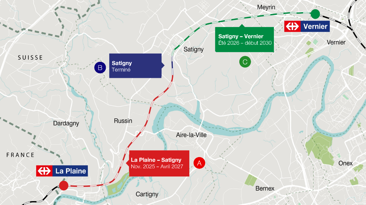 Mappa degli interventi tra La Plaine e Satigny.