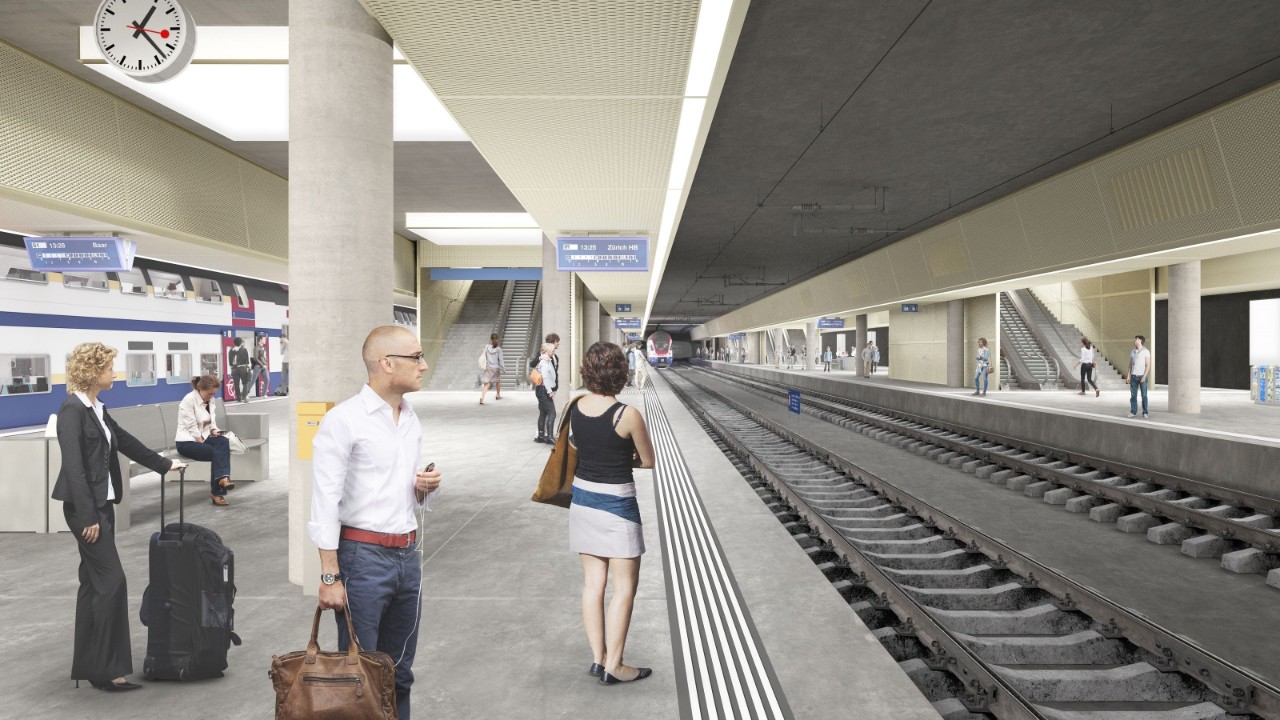 Das Bild zeigt eine Visualisierung der neuen Perronhalle des Tiefbahnhofs Luzern.
