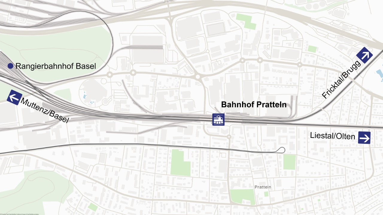 Der Plan zeigt den Bahnstreckenverlauf in und um Pratteln.