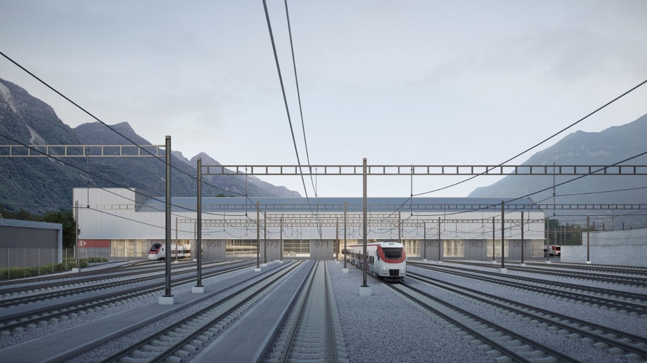 Visualizzazione della facciata esterna rivolta a sud, con l’impianto di ricovero e i binari che entrano nel nuovo stabilimento di manutenzione.