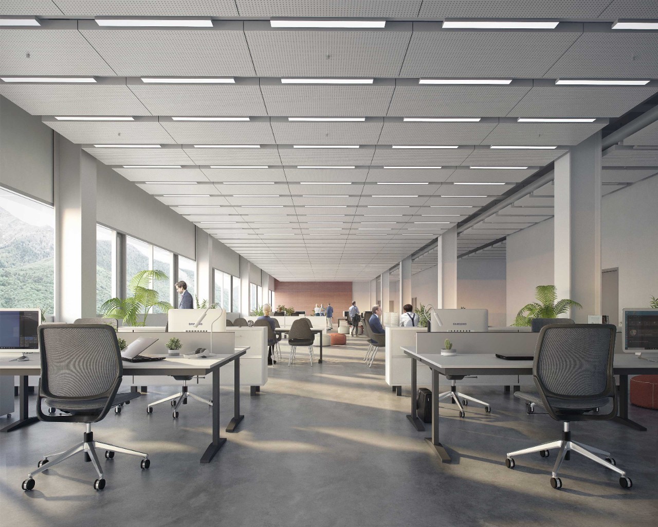 Visualizzazione di come potranno presentarsi i futuri uffici del Nuovo stabilimento industriale ferroviario, saranno uffici open-space, con grandi vetrate da cui entrerà molta luce naturale.