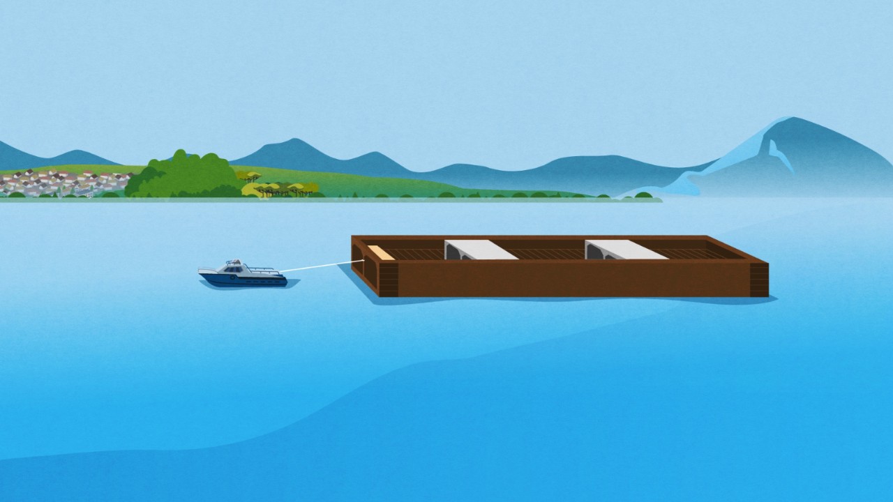 Das Bild zeigt eine Visualisierung mit einem Transportschiff das ein grosses Tunnelelement über den Vierwaldstättersee schleppt.
