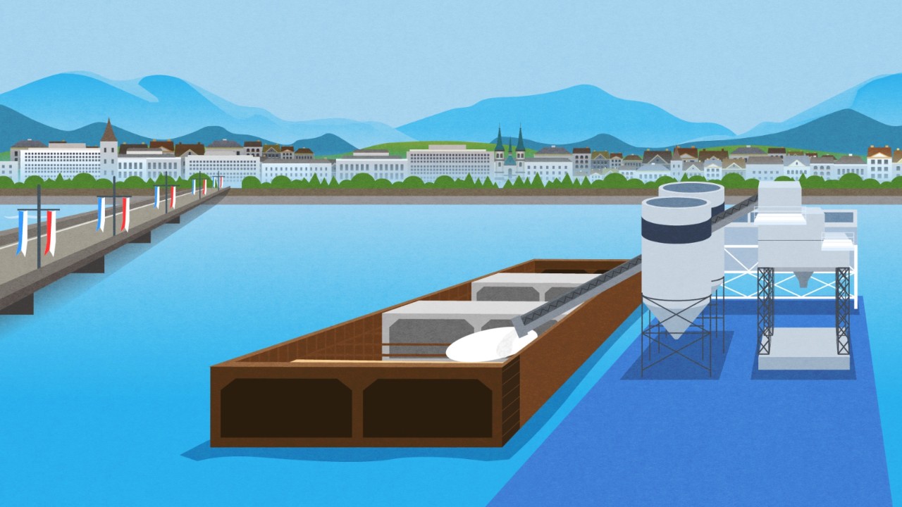 Das Bild zeigt eine Visualisierung mit einer Installationsfläche im Luzerne Seebecken. Aus Betonsilos wird Beton in ein Tunnelelement eingefüllt.