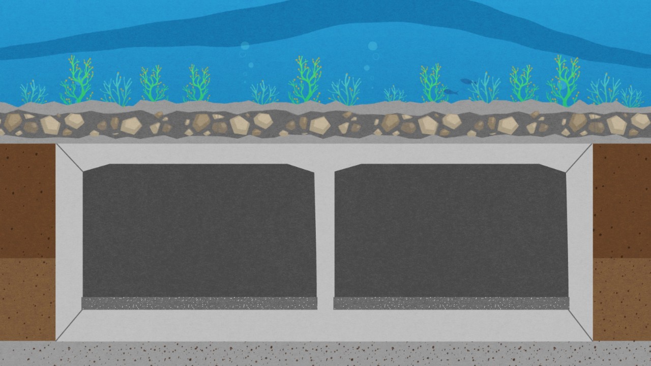 Das Bild zeigt eine Visualisierung mit einem Querschnitt des zweiröhrigen Tunnels wenige Meter unter dem Seeboden.