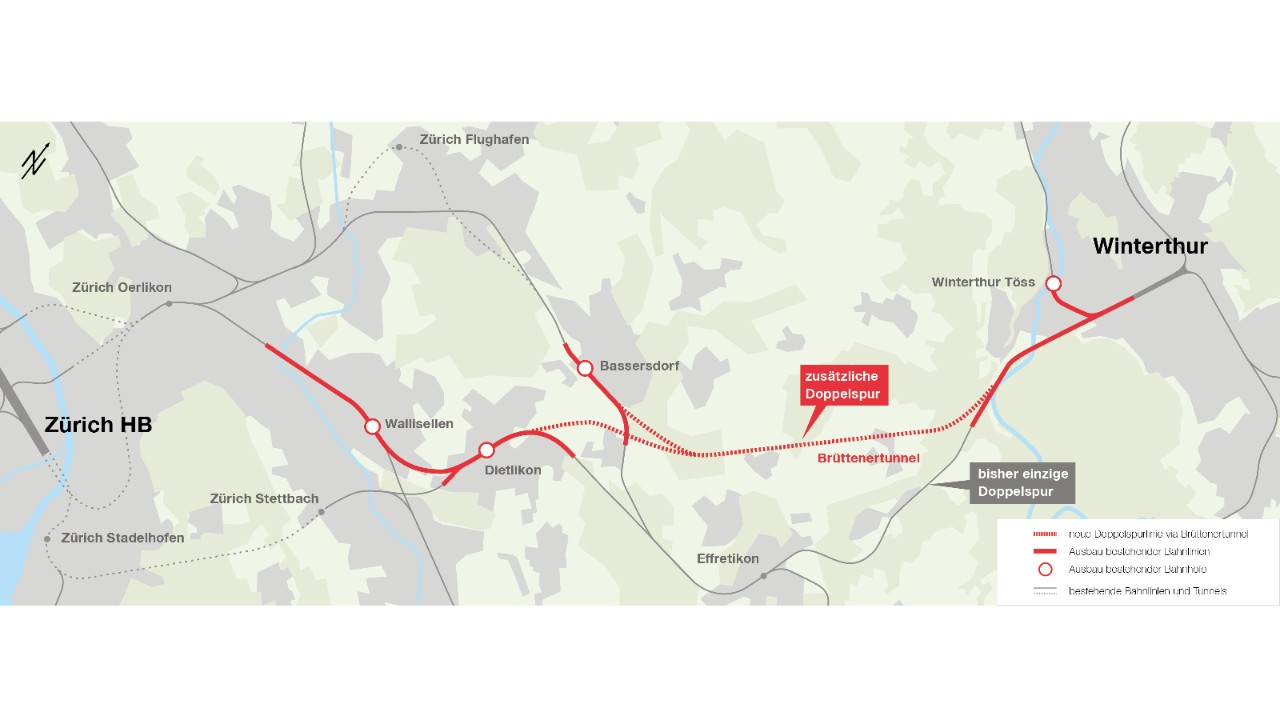 Auf der Karte ist die Bahnstrecke zwischen Zürich und Winterthur abgebildet. Rot markiert sind der geplante Brüttnertunnel zwischen Dietlikon/Bassersdorf und Winterthur sowie die Bahnhöfe Dietlikon, Bassersdorf, Wallisellen und Winterthur Töss, die ausgebaut werden. 
