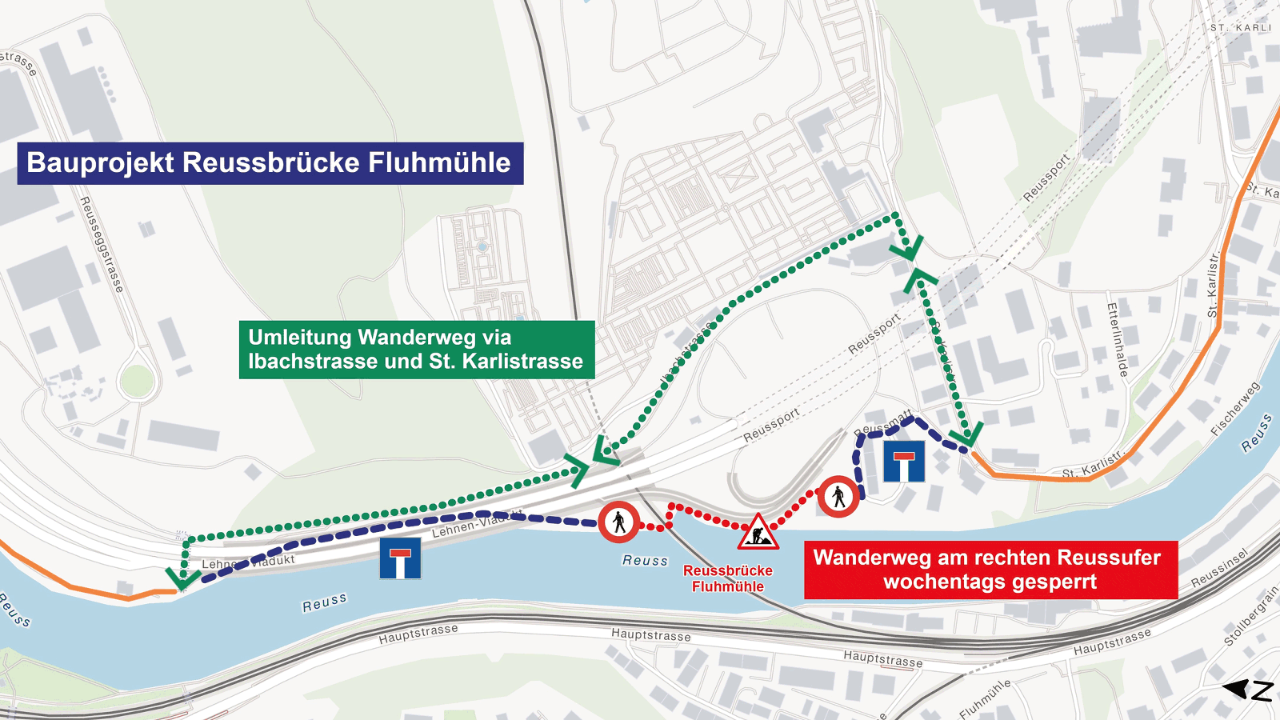Die Kartengrafik zeigt die Umleitung des Wanderwegs am rechten Reussufer aufgrund des Bauprojekts Reussbrücke Fluhmühle in Luzern. Der Wanderweg am rechten Ufer der Reuss ist wochentags gesperrt. Als barrierefreie Alternative wird eine Umleitung über die Ibachstrasse und St. Karlistrasse angeboten. Die Karte zeigt die beiden Wege: den gesperrten roten Pfad und den gestrichelten grünen Pfad als Ersatzroute für Wanderer:innen.
