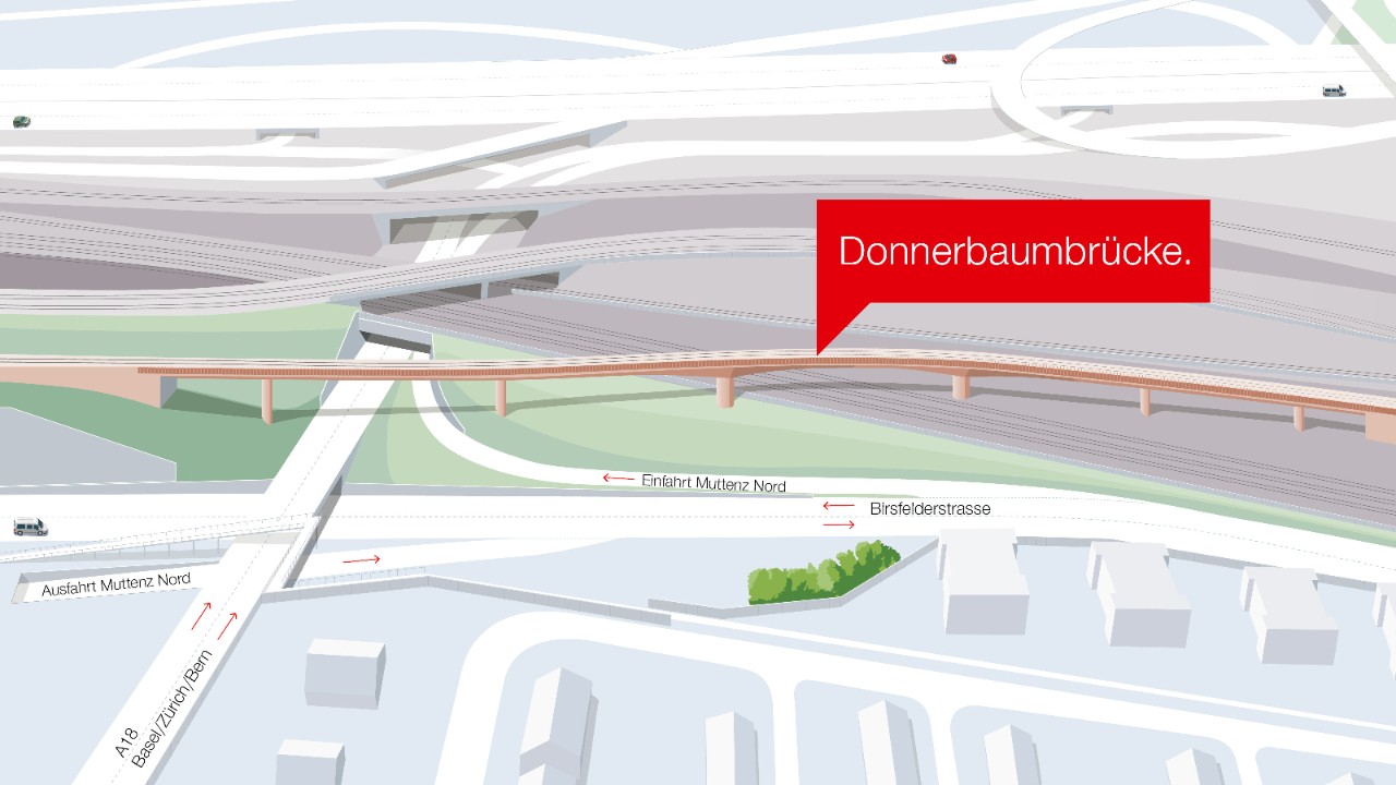 Die Grafik zeigt die neue Donnerbaumbrücke. Die rund 360 Meter lange, einspurige Bahnbrücke wird beim Donnerbaumquartier die drei bestehenden Streckengleise der Hauptausfahrtsstrecke überspannen. So können die aus dem Güterbahnhof kommenden S-Bahn-Züge die drei Gleise der Hauptausfahrtstrecke überqueren, ohne dass andere Züge ihre Durchfahrt abwarten müssen. Die Donnerbaumbrücke erhält auf ihrer Südseite eine durchgehende zwei Meter hohe Lärmschutzwand.