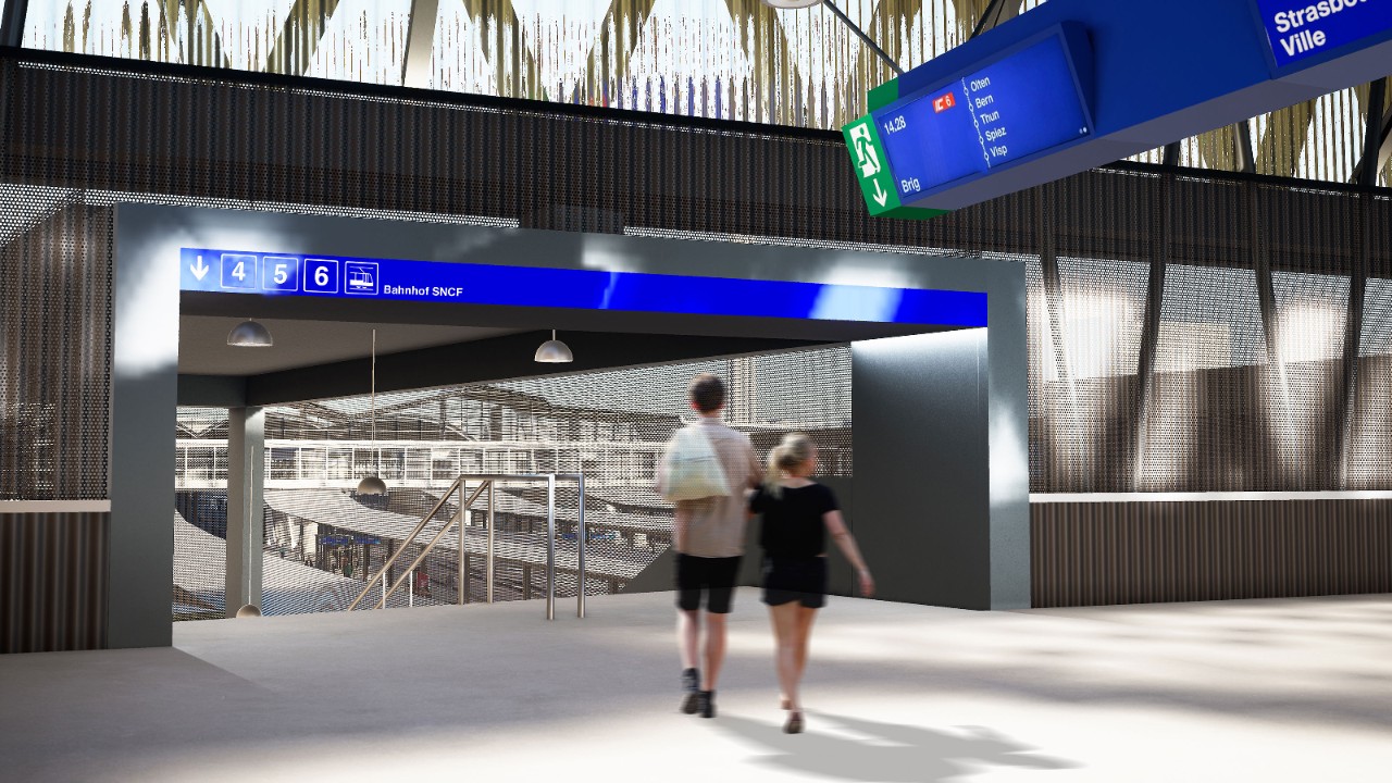 Die Visualisierung zeigt, wie ein Perronabgang der provisorischen Passerelle aussehen wird. Die Passerelle wird via Treppen und Lifte zugänglich sein und entspricht damit den Vorgaben des Behindertengleichstellungsgesetzes.