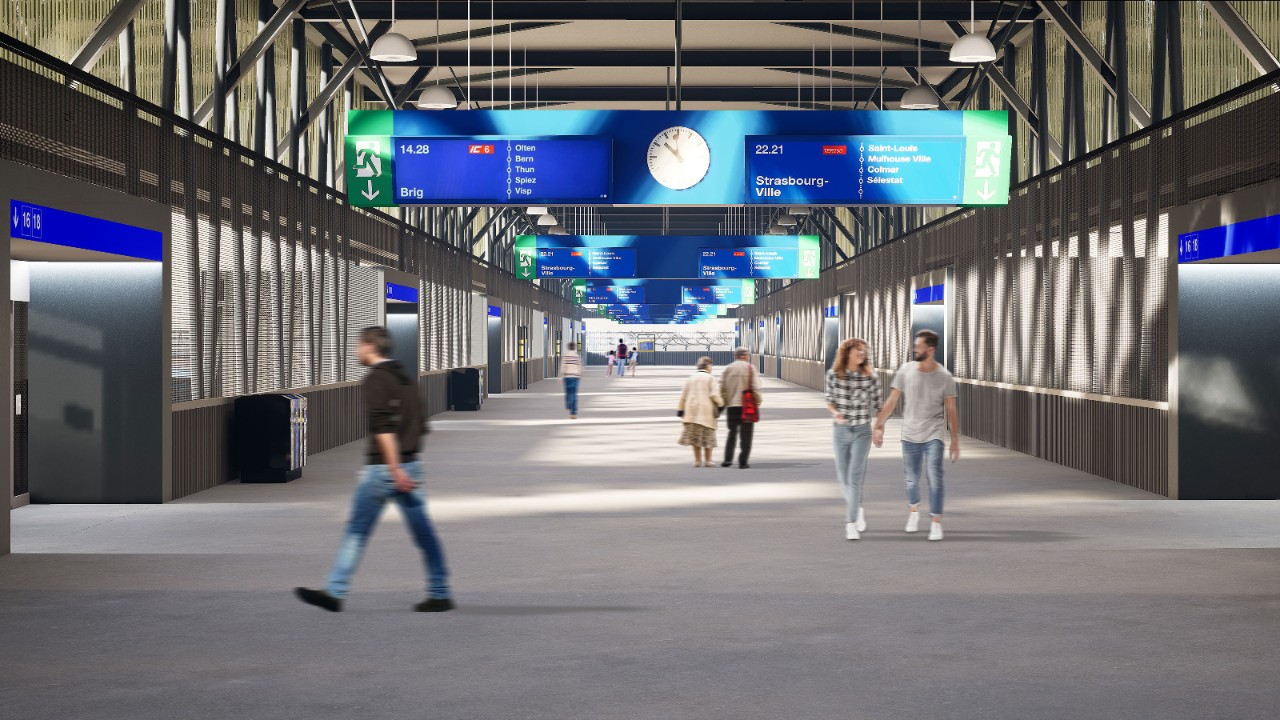 Die Visualisierung zeigt, wie die provisorische Passerelle innen aussehen wird. Sie wird überdacht und rund 10 Meter breit sein.