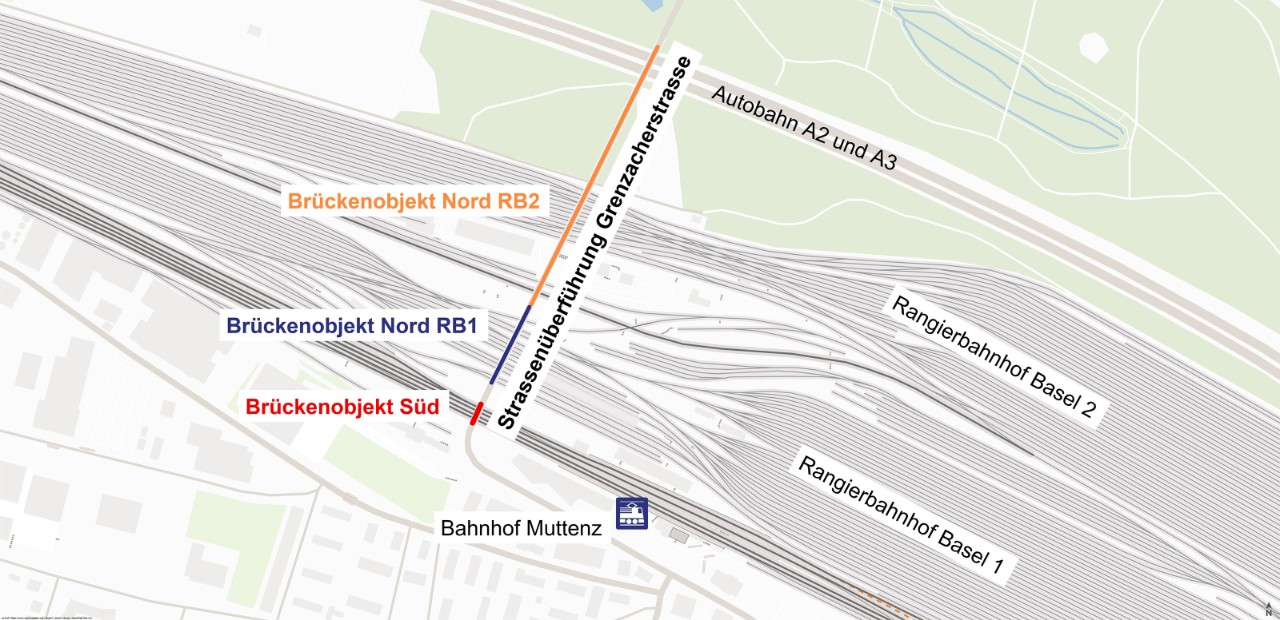 Die drei Brückenobjekte der Strassenüberführung Grenzacherstrasse im Überblick.