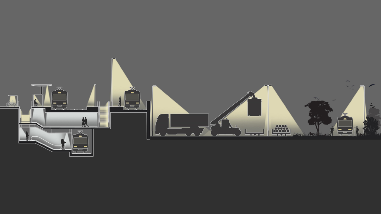 Lumière blanc chaud (3000 kelvins) dans les espaces en surface et lumière blanc neutre (4000 kelvins) dans les zones souterraines.